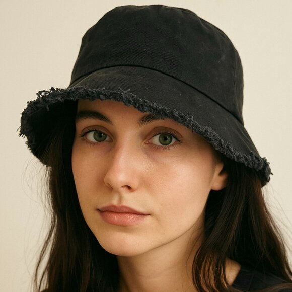Frayed-Edge Distressed Women' s Cotton Black Bucket Hat - Picture 1 of 5